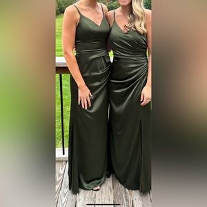 Rory satin dress from Revelry. Deep olive-713